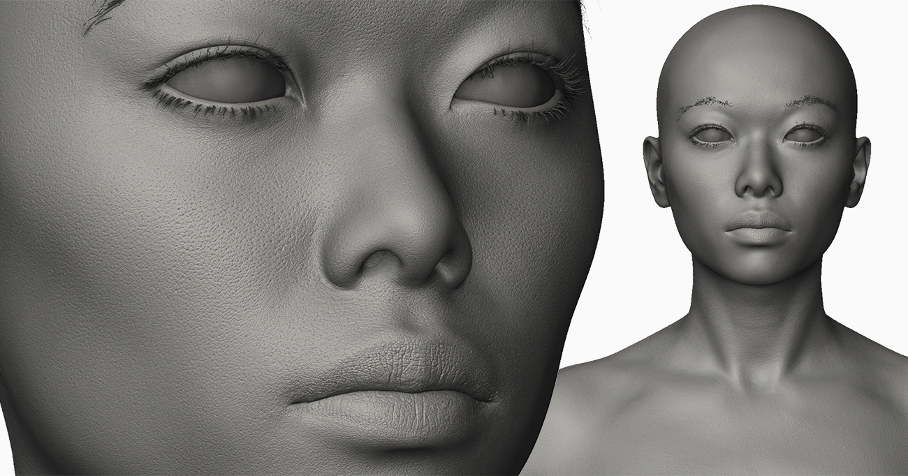 This image features a skin alpha for the 3D model of an Asian woman in her 20's. The skin alpha is a grayscale image that is used to create the appearance of pores and fine lines on the model's skin, enhancing its realistic appearance. The skin alpha is an essential component for creating a lifelike 3D model, making it a valuable tool for a wide range of projects, including animation, gaming, and virtual reality experiences.
